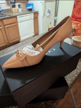 Coach Blush Nude Pointed Toe Kitten Heel Pumps with Gold Buckle